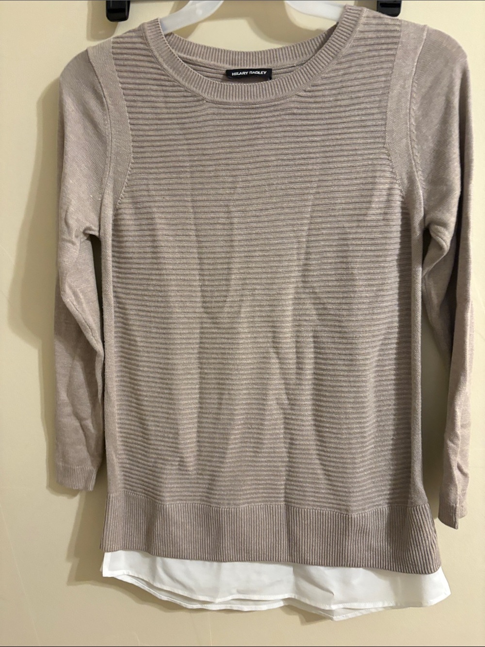 Hilary Radley Taupe Ribbed Crewneck Sweater with White Layered Hem